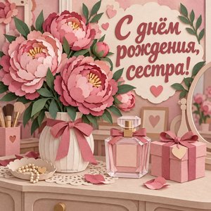 Открытка «С днём рождения, сестра!» с пионами и духами