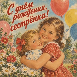 Открытка «С днём рождения, сестрёнка!» с сёстрами в саду