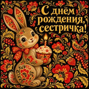 Открытка «С днём рождения, сестричка!» с зайкой и кексом