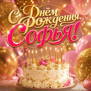 Открытка с Днем Рождения Софье с тортом и воздушными шарами