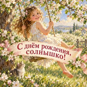 Открытка «С днём рождения, солнышко!» с девочкой на качелях