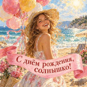 Открытка «С днём рождения, солнышко!» с девушкой на пляже