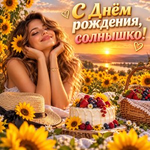 Открытка «С Днём рождения, солнышко!» с полем подсолнухов