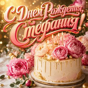 Открытка с Днем Рождения Стефании с тортом и пионами