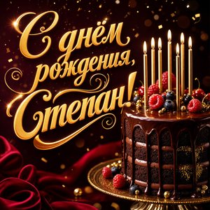 Открытка с Днем Рождения Степану с шоколадным тортом и свечами