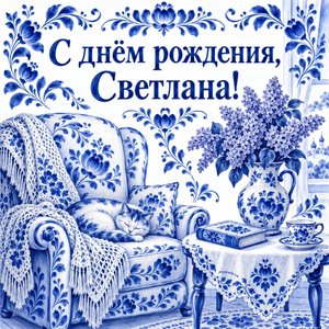 Открытка «С днём рождения, Светлана!» Светлане с креслом и сиренью