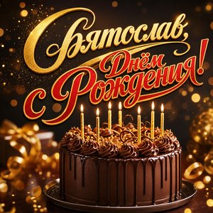 Открытка с Днем Рождения Святославу с праздничным тортом и свечами