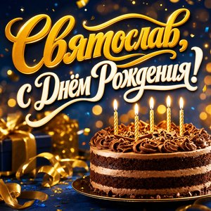 Открытка с Днем Рождения Святославу с праздничным тортом и свечами