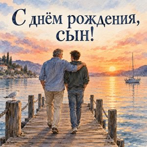 Открытка «С днём рождения, сын!» с отцом и сыном на причале