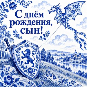 Открытка «С днём рождения, сын!» с щитом и воздушным змеем