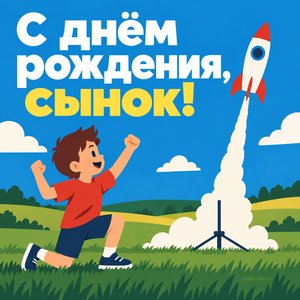 Открытка «С днём рождения, сынок!» с моделью ракеты