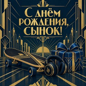 Открытка «С днём рождения, сынок!» со скейтом и наушниками