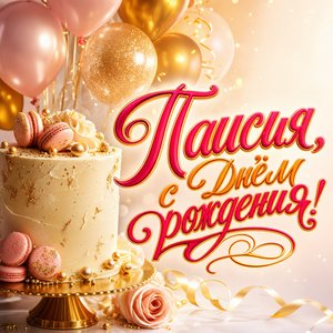 Открытка с Днем Рождения Таисии с тортом и воздушными шарами