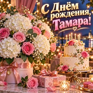 Открытка «С Днём рождения, Тамара!» Тамаре с гортензиями и тортом