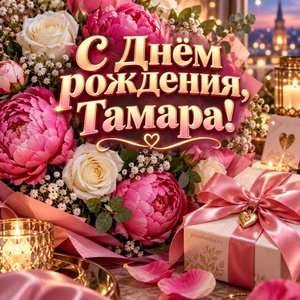Открытка «С Днём рождения, Тамара!» Тамаре с пионами и подарком