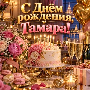 Открытка «С Днём рождения, Тамара!» Тамаре с тортом и шарами
