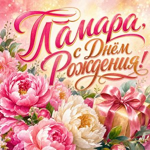Открытка с Днем Рождения Тамаре с букетом пионов и подарком