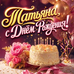 Открытка с Днем Рождения Татьяне с тортом и воздушными шарами