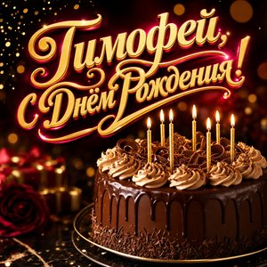 Открытка с Днем Рождения Тимофею с шоколадным тортом и свечами