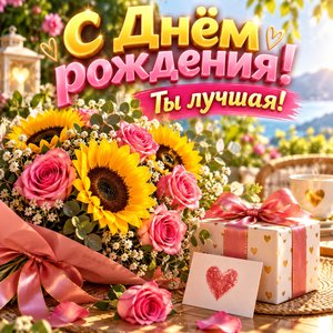 Открытка «С Днём рождения! Ты лучшая!» с подсолнухами и розами