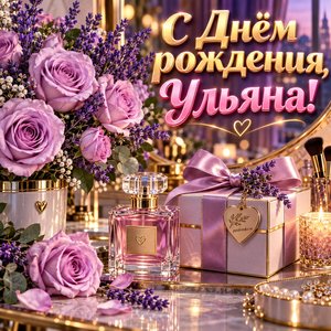 Открытка «С Днём рождения, Ульяна!» Ульяне с сиреневыми розами и духами