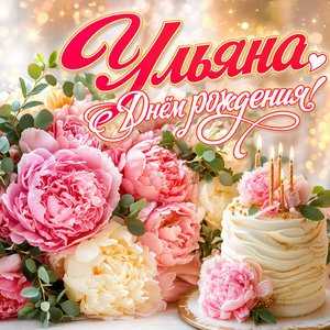 Открытка с Днем Рождения Ульяне с пионами и тортом