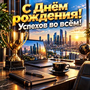 Открытка «С Днём рождения! Успехов во всём!» с кубком и видом на город