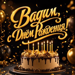 Открытка с Днем Рождения Вадиму с праздничным тортом и свечами