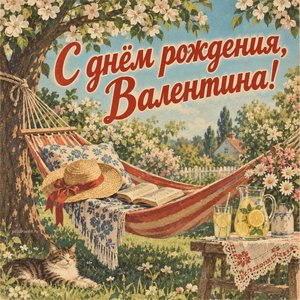 Открытка «С днём рождения, Валентина!» Валентине с гамаком в саду