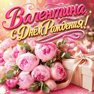 Открытка с Днем Рождения Валентине с пионами и подарком