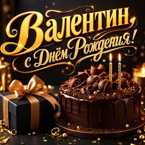 Открытка с Днем Рождения Валентину с шоколадным тортом и подарком