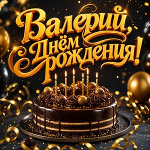 Открытка с Днем Рождения Валерию с праздничным тортом и свечами