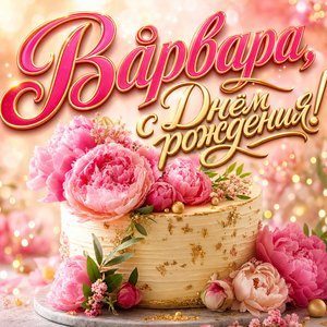 Открытка с Днем Рождения Варваре с праздничным тортом и пионами