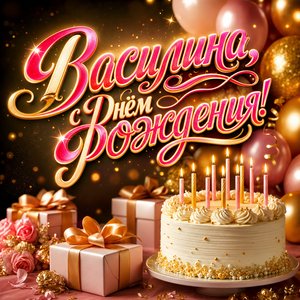 Открытка с Днем Рождения Василине с праздничным тортом и шарами