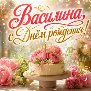 Открытка с Днем Рождения Василине с тортом и пионами
