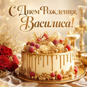 Открытка с Днем Рождения Василисе с праздничным тортом