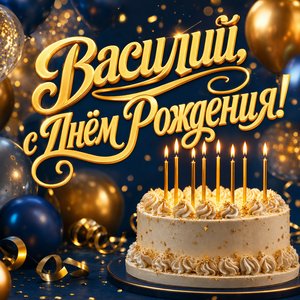 Открытка с Днем Рождения Василию с праздничным тортом и свечами