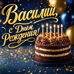 Открытка с Днем Рождения Василию с праздничным тортом и свечами