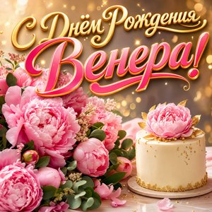 Открытка с Днем Рождения Венере с пионами и праздничным тортом