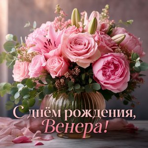 Открытка с Днём Рождения Венере с вазой и цветами