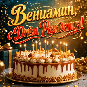 Открытка с Днем Рождения Вениамину с праздничным тортом и свечами