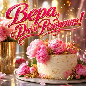 Открытка с Днем Рождения Вере с тортом и пионами