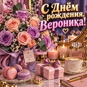 Открытка «С Днём рождения, Вероника!» Веронике с розами и макарунами