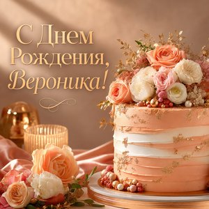 Открытка с Днем Рождения Веронике с тортом и цветами