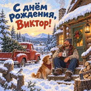 Открытка «С днём рождения, Виктор!» Виктору с зимней избой