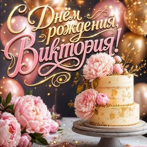 Открытка с Днем Рождения Виктории с тортом и пионами
