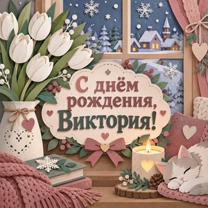 Открытка «С днём рождения, Виктория!» Виктории с белыми тюльпанами зимой