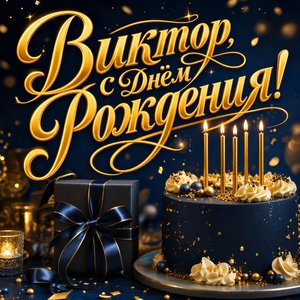 Открытка с Днем Рождения Виктору с праздничным тортом и свечами