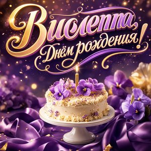 Открытка с Днем Рождения Виолетте с праздничным тортом и свечой