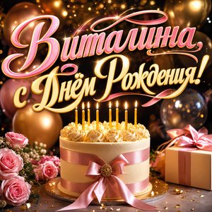Открытка с Днем Рождения Виталине с праздничным тортом и золотыми свечами